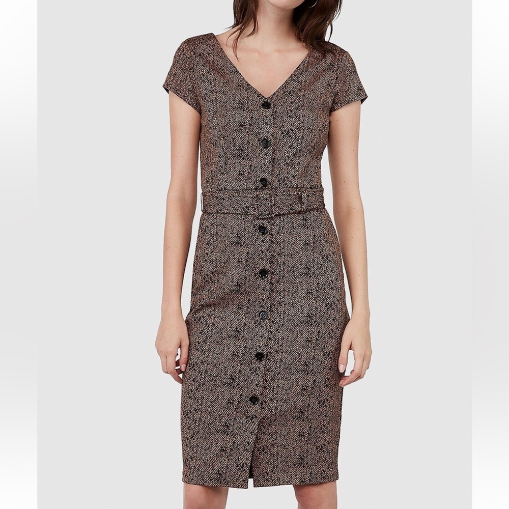 Express Belted Brown & Black V‑Neck Midi Dress
